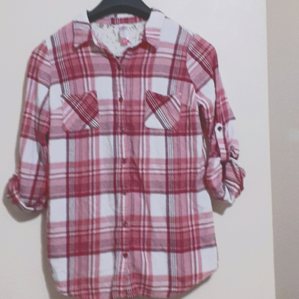 Pink plaid & Lace quarter sleeve shirt
